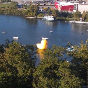 Giant Rubber ducky on the river.