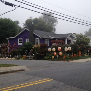 Halloween decorations on a purple house