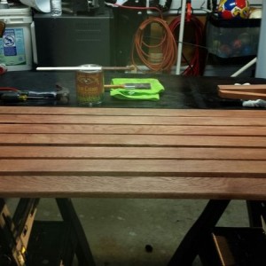 Adam: Back to work on the bench today. Finished the sanding and first coat 