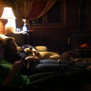 Daughter, wife, Shadow and Cat, all enjoying the fire!