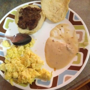 Eggs, deer sausage, biscuits, and deer sausage gravy... :drool: