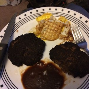 Deep fryer burgers and A1 and deep fryed egg