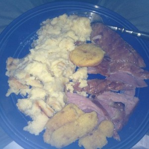 Man food - twice baked potatoes, smoked ham, corn bread =) the joy of havin
