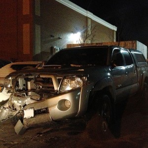 Truck after bridge accident.