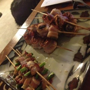 Bacon wrapped mushrooms and asparagus