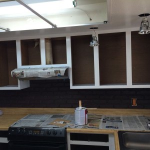 Bricks are painted an espresso and starting on the cabinets