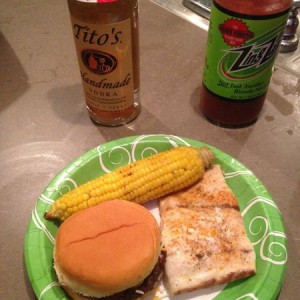 Redfish, hamburgers, corn, and bloody Mary's for dinner