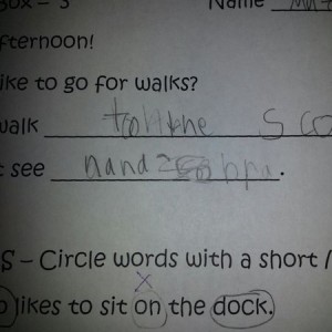 My 1st grader's daily work. Was supposed to say " bananas and zeb