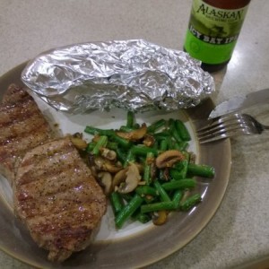 Steak, garlic green beans and mushrooms, sweet potato and an ice cold beer.