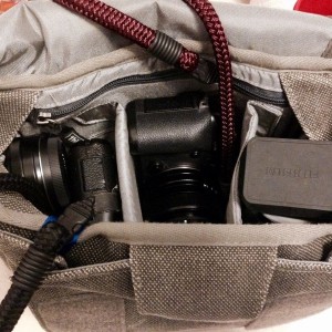 Two bodies, five lenses, extra batteries, cards etc. all in a small ThinkTa