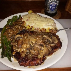 Stuffed sweet potato and bone out rib eye. Yum yum