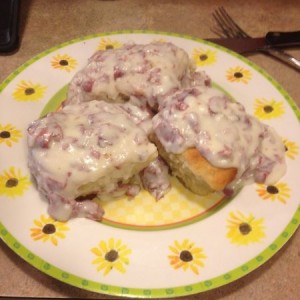 Creamed chipped beef over homemade biscuits.