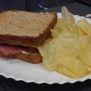 Casual friday fried baked ham and cheese on toasty wheat. Paper plate hat n