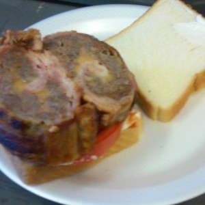 Not a brain sammich, bacon wrapped chedder stuffed meatloaf and mater