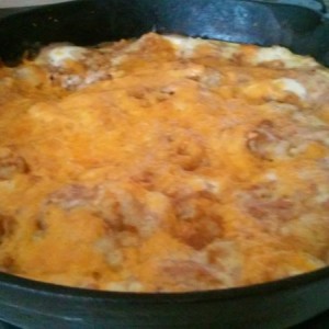 What do u get when the only food u have in ur house is 3 eggs some chedder a dozen tots and a can of potted meat? Lots of protein and cholesterol