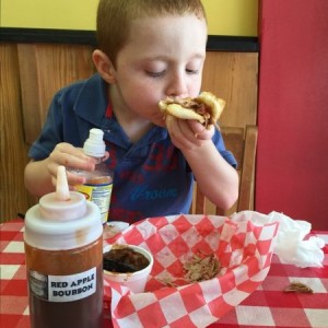Little man loves some BBQ with red apple bourbon sauce.