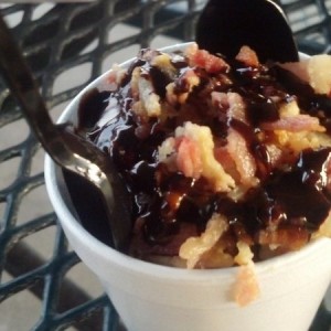 bacon topped ice cream with chocolate sauce :goingcrazy: