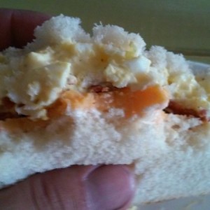 Protein FTW. chedder bacon and egg salad (i guess, boiled eggs mayo and cubed dill pickles)