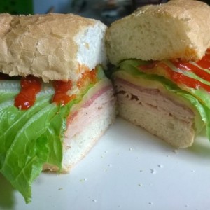 Turkey, salami, pepper jack, and Sriracha