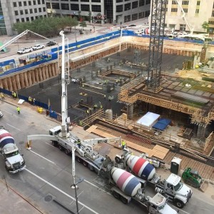 Nerd alert! (Not live,from yesterday ) New high rise office building in downtown Houston. Concrete pour for mat foundation. Will last 22 hrs. 930 truc