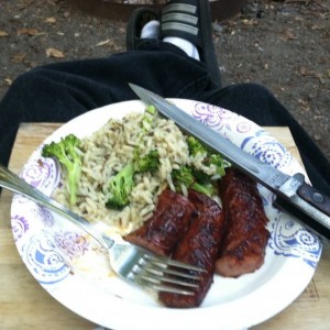 Nothing beats BBQ kielbasa and rice for camp dinner.