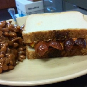 No ketchup today. Plenty of mayo and hot sauce and a touch of mustard. And some fine processed "cheese" to go with this processed meat. and beans