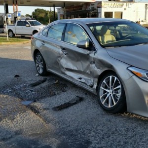 Brand new Avalon, less than 500 miles. My GF walked away with a bruise and nervous. A lady ran a red light. Damn the luck!