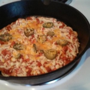 $1 totinos pizza hack. Back in a skillet,when its done cook it on the stove top a minute or so crispy crust ftw. Also pickled jalies make everything b