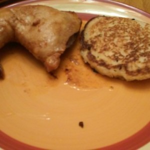 Crockpot chicken and hoe cakes. Asparagus mac and cheese and pintos to come but couldnt make this pic