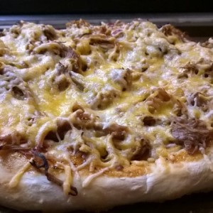 Homemade pulled pork BBQ pizza