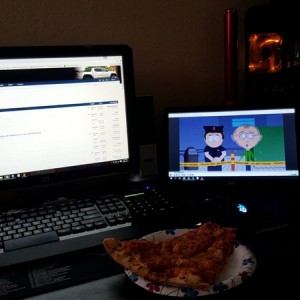 Ahhh.. home for lunch.. The usual T-Dubs and South Park.. And some left over Venezia's 24" pizza.