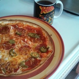 Need coffee and want pizza, so tortilla with marinara chedder motz pepperoni and jale's with coffee cuz it took about as long to make as the pot of co