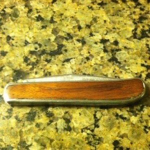 $1 yard sale pocket knife. Had no wood, added wood.