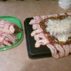 Bacon wrapped t loins and meatloaf both filled with creme cheese and jalapenoes