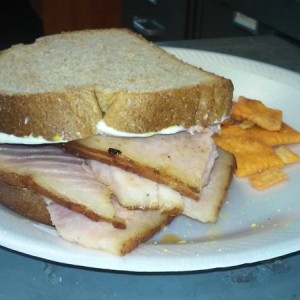 Left over fried baked ham with tabasco cheesits