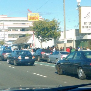 Line around the block for lotto tickets at Bluebird Liquor in Hawthorne