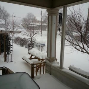 Over a foot and falling. Wind is howling