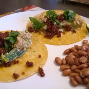 Fried avocado and chorizo tacos